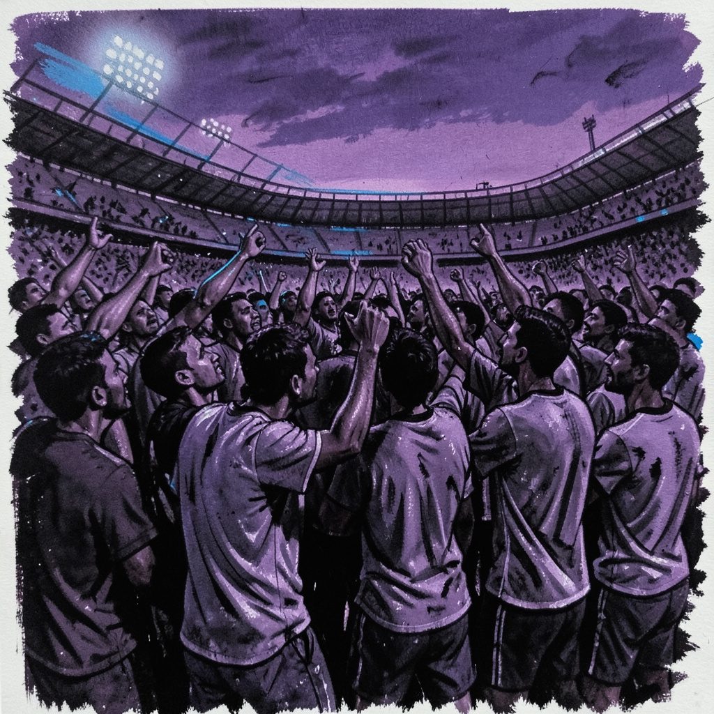 Bold charcoal-style drawing of a football stadium crowd at dusk, deep purple and charcoal tones, energetic huddled figures cheering