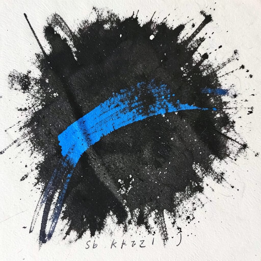 A moody charcoal drawing of a microphone and stage lights in deep navy and cool teal, evoking interviews and celebrity features.