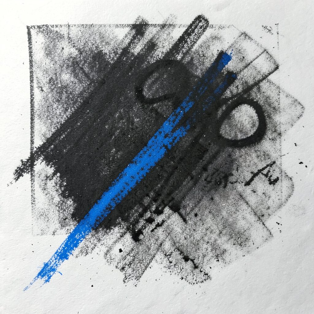 A textured charcoal drawing of a stack of notebooks and pens on a dark wooden desk, hints of teal in the shadows.