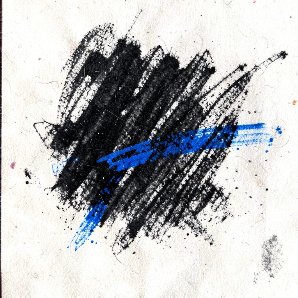 A simple charcoal sketch of a megaphone against a deep navy background with a soft cyan halo, symbolizing the community voice.